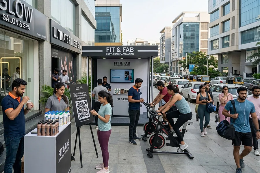 Outdoor brand activation in Hyderabad tech hub with promotional setup